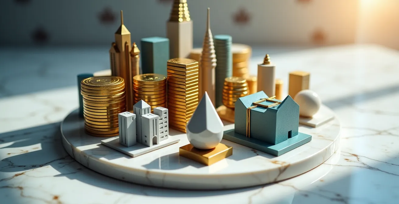 Graphique circulaire tridimensionnel représentant la répartition d'actifs avec pièces d'or et documents financiers