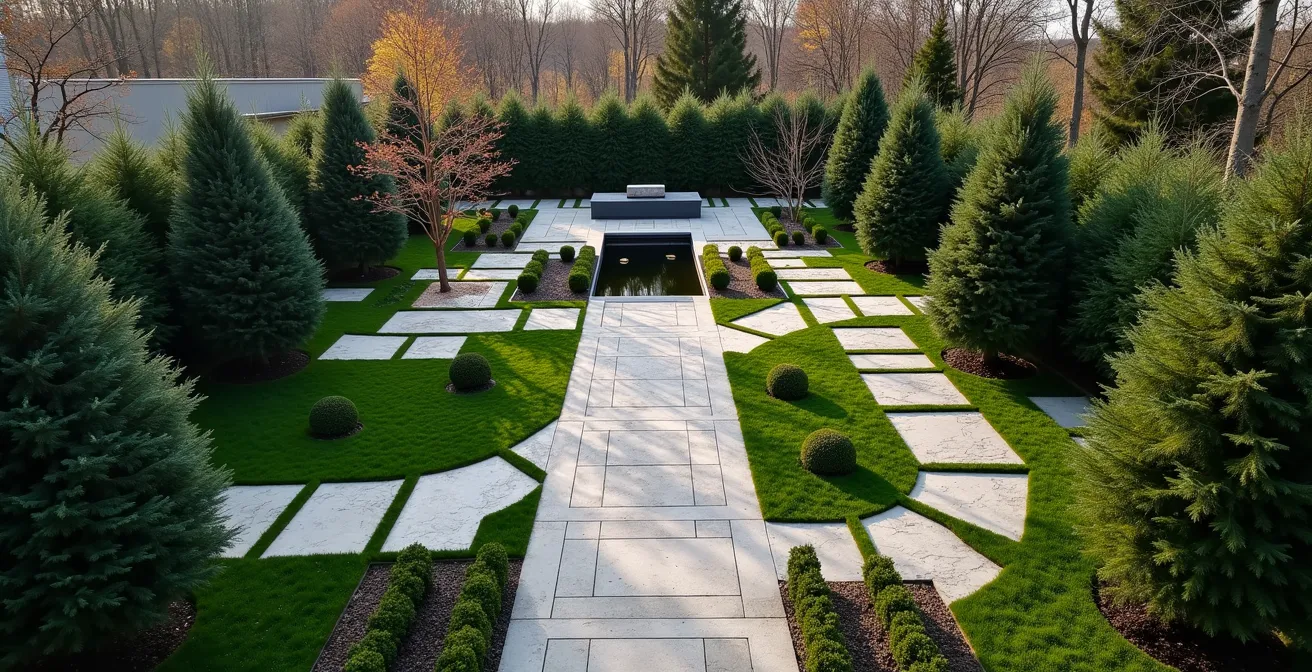 Vue aérienne d'une propriété de luxe montréalaise avec aménagement paysager créant des pièces extérieures