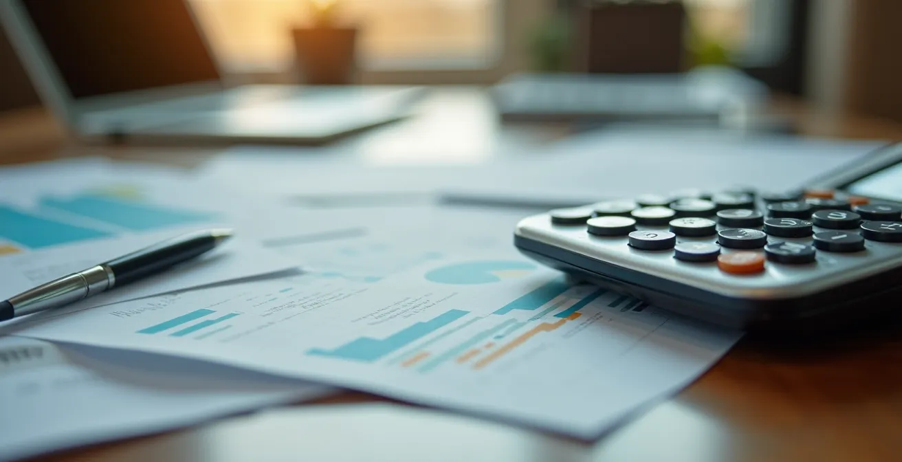 Graphiques financiers et documents d'analyse sur bureau en bois avec calculatrice