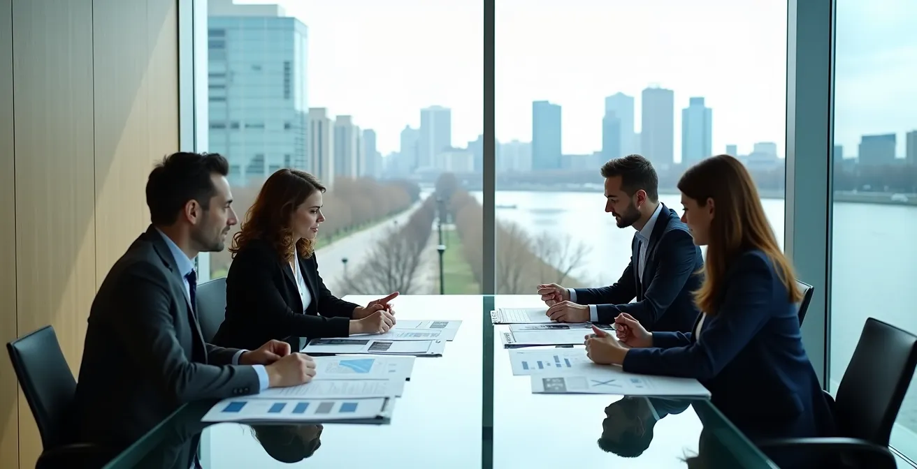 Réunion d'analyse de diligence raisonnable dans un bureau de Montréal