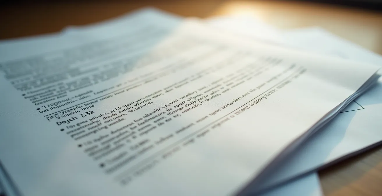 Vue macro de documents contractuels avec focus sur les détails de texture du papier