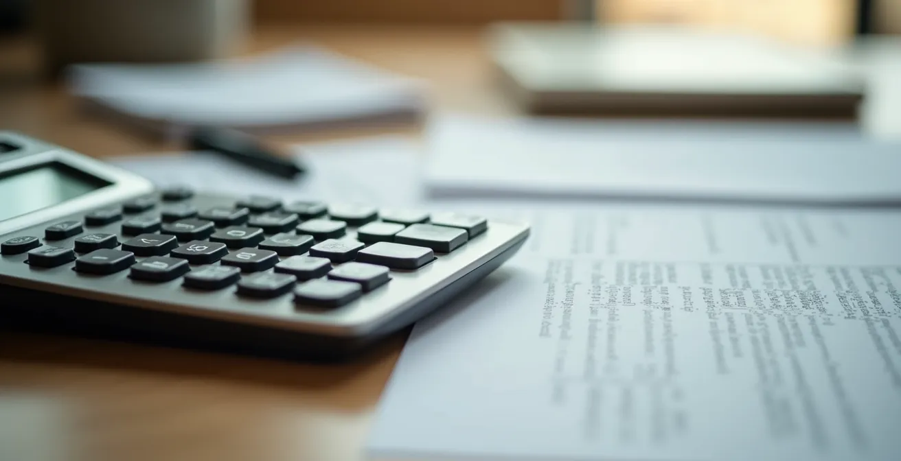 Bureau organisé avec calculatrice et documents financiers, éclairage naturel par fenêtre