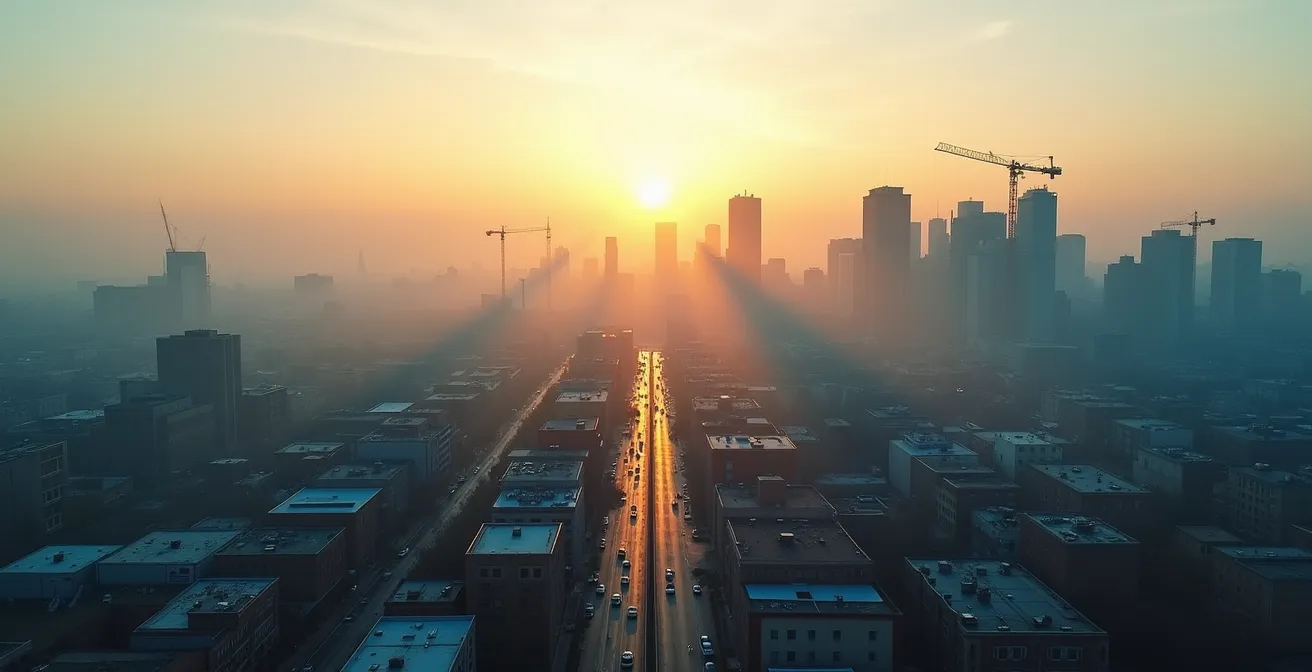 Carte thermique stylisée de Montréal montrant les zones de gentrification avec gradients de couleurs chaudes