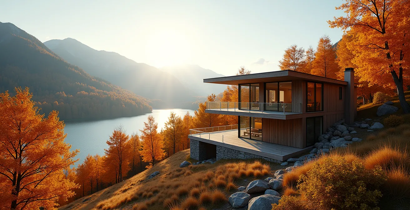 Chalet luxueux dans les Laurentides entouré de forêt boréale en automne