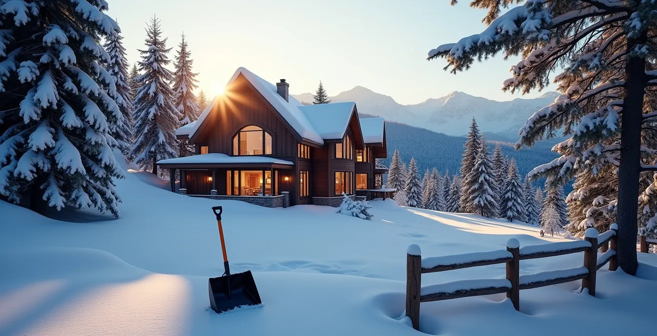 Chalet luxueux enneigé dans les Laurentides avec forêt de sapins en arrière-plan