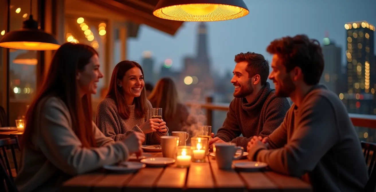 Système de chauffage infrarouge intégré sur une terrasse montréalaise élégante durant une soirée d'automne.