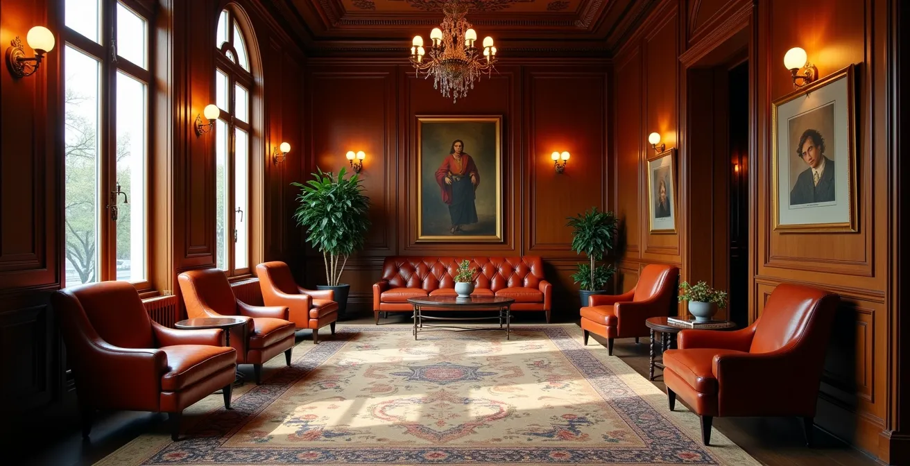 Intérieur sophistiqué d'un club privé montréalais avec boiseries et œuvres d'art