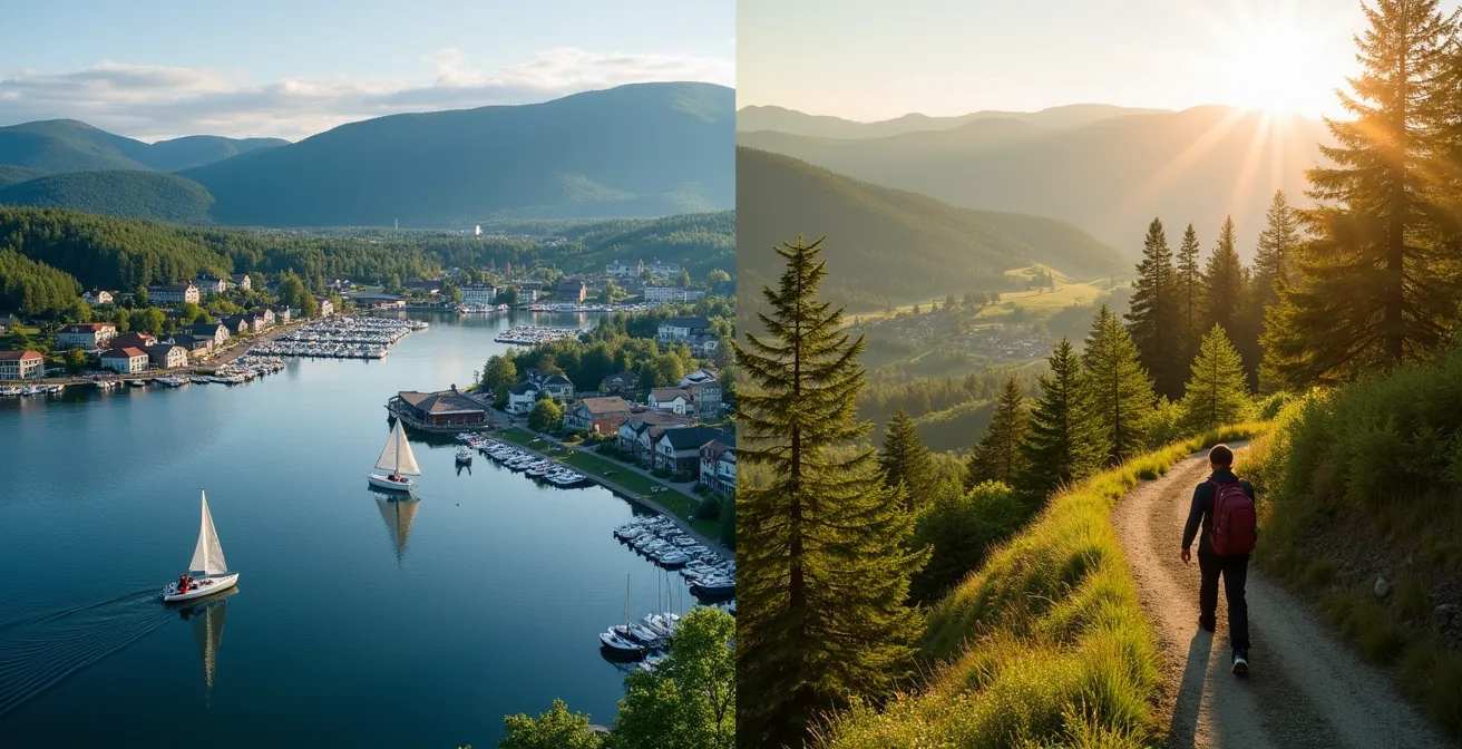 Vue aérienne comparative montrant le lac Memphrémagog à Magog et les pentes de ski de Bromont