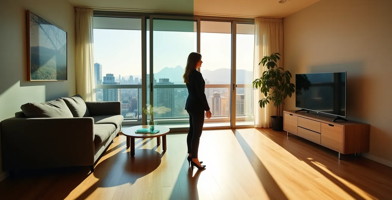 Comparaison visuelle entre un appartement meublé premium et un espace vide