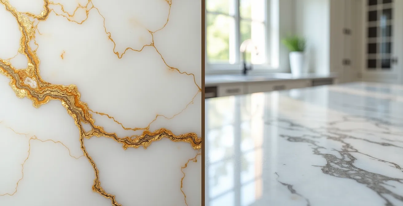 Gros plan sur les veines distinctives d'un marbre Calacatta comparé à un marbre Carrare dans une cuisine de luxe