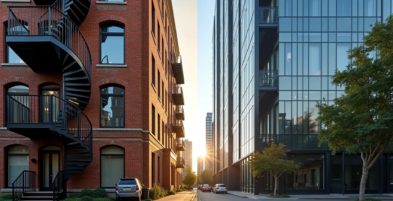 Vue en perspective montrant un duplex traditionnel de Verdun à gauche et un condo moderne de Griffintown à droite, séparés par une ligne architecturale
