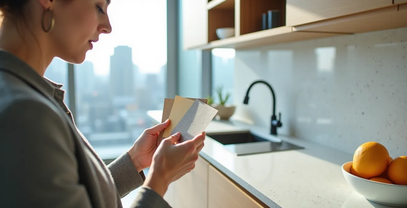 Comparaison visuelle de finitions haut de gamme dans un condo montréalais moderne avec détails de matériaux