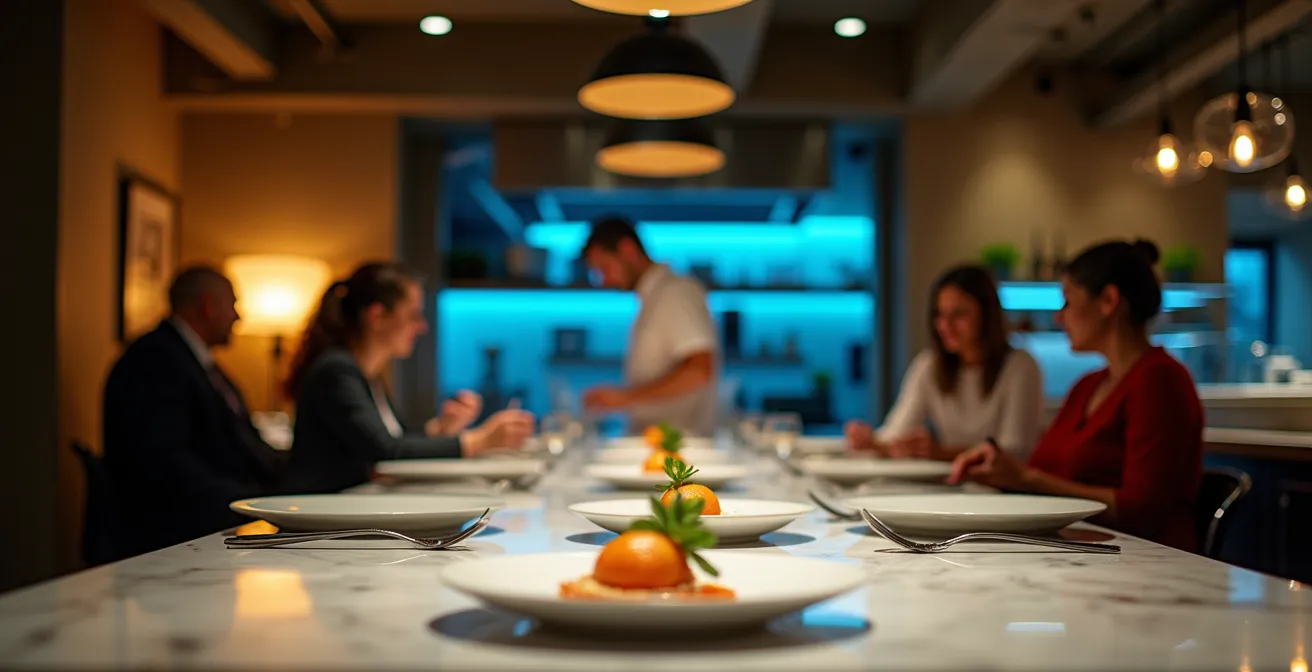 Chef travaillant derrière un comptoir moderne avec clients assis face à lui