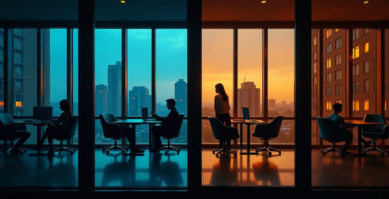 Vue divisée montrant un étage de bureaux vide et un immeuble résidentiel animé à Montréal