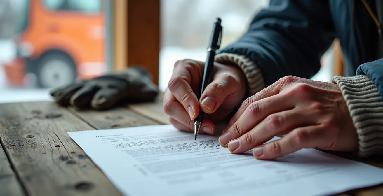 Mains signant un contrat de déneigement avec équipement de déneigement flou en arrière-plan