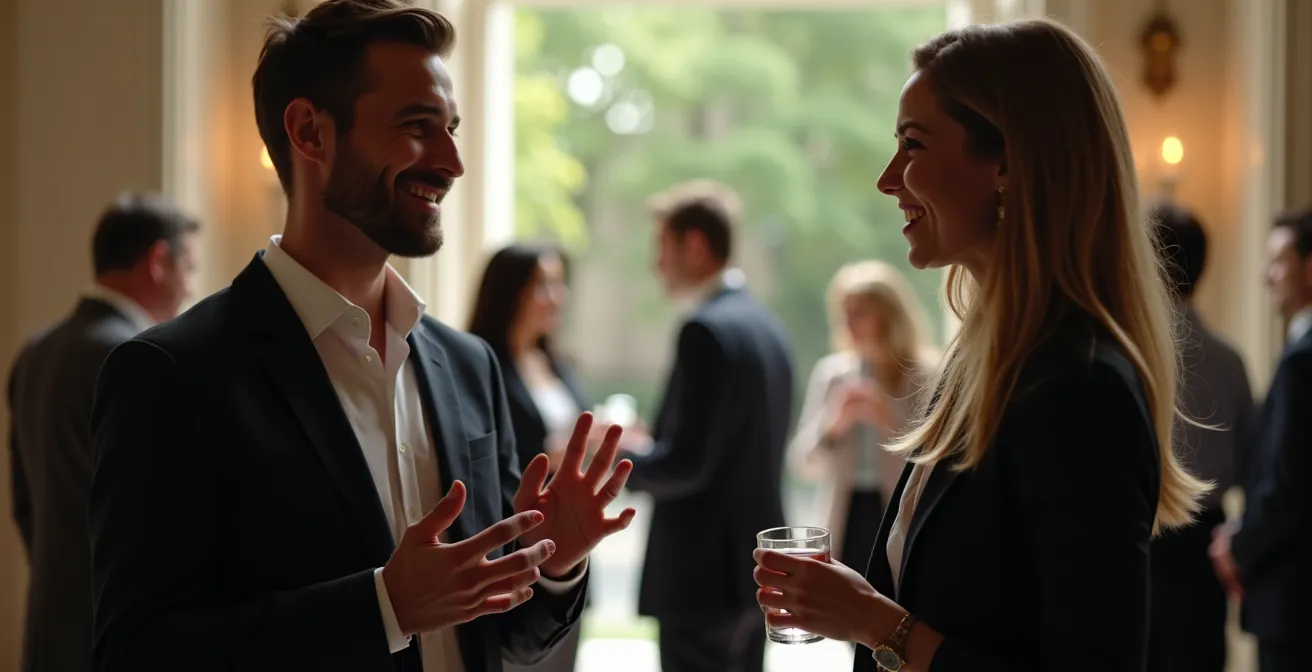 Gros plan sur un échange professionnel lors d'un cocktail d'affaires montréalais