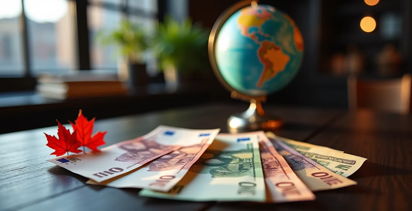 Composition artistique montrant des devises internationales et une carte du monde avec focus sur le Canada