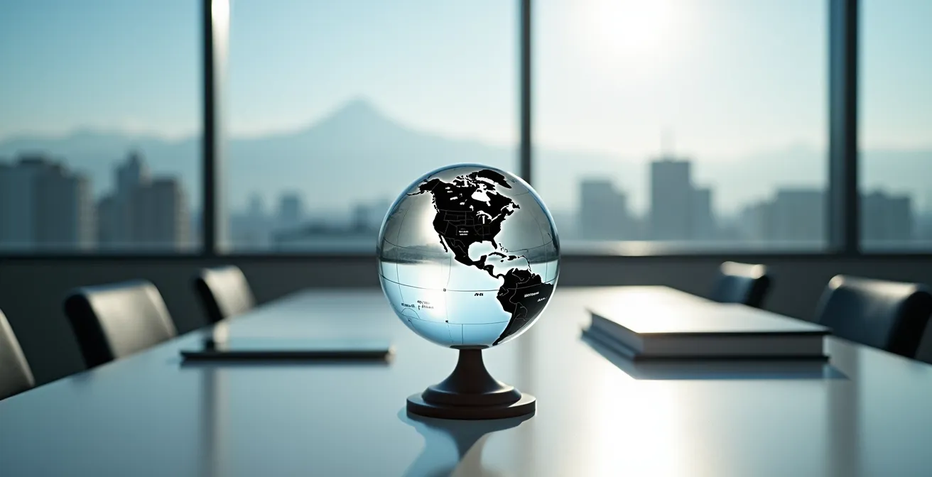 Globe terrestre stylisé avec flux d'investissements internationaux émanant de Montréal vers différents marchés mondiaux