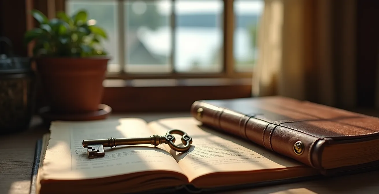 Documents juridiques empilés avec clés de chalet et photos de famille floues en arrière-plan
