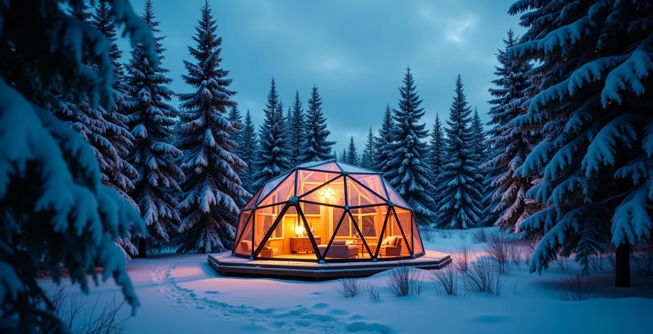 Dôme géodésique illuminé de l'intérieur dans une forêt enneigée québécoise au crépuscule