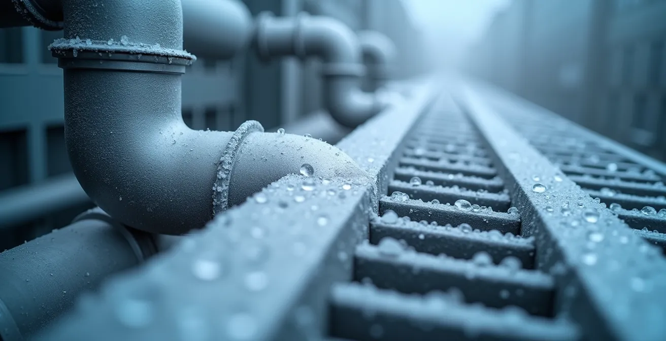 Vue macro de systèmes de réfrigération industrielle avec textures métalliques et givre