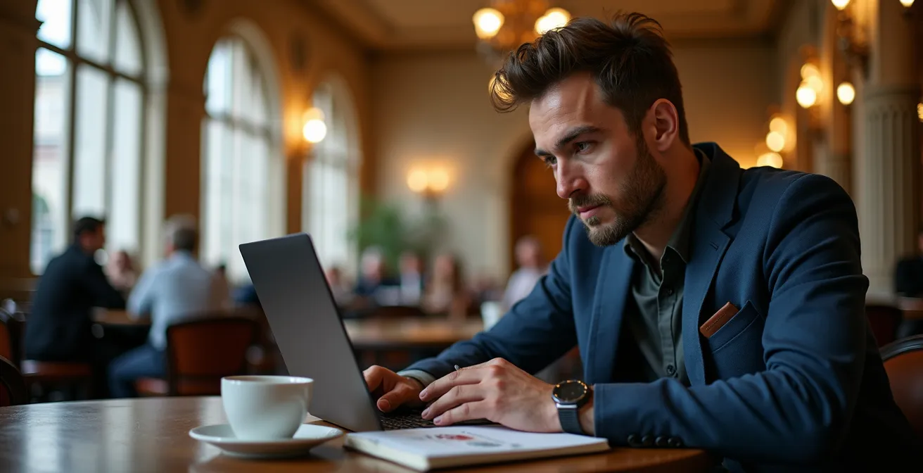 Entrepreneur travaillant dans un café historique de Montréal avec une architecture impressionnante
