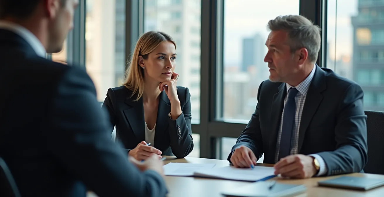 Entrevue professionnelle entre client et conseiller financier dans un bureau de Montréal