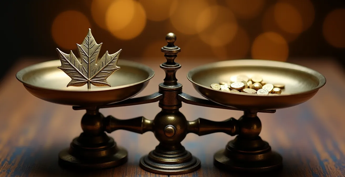 Balance dorée équilibrant symboles financiers et feuille d'érable canadienne