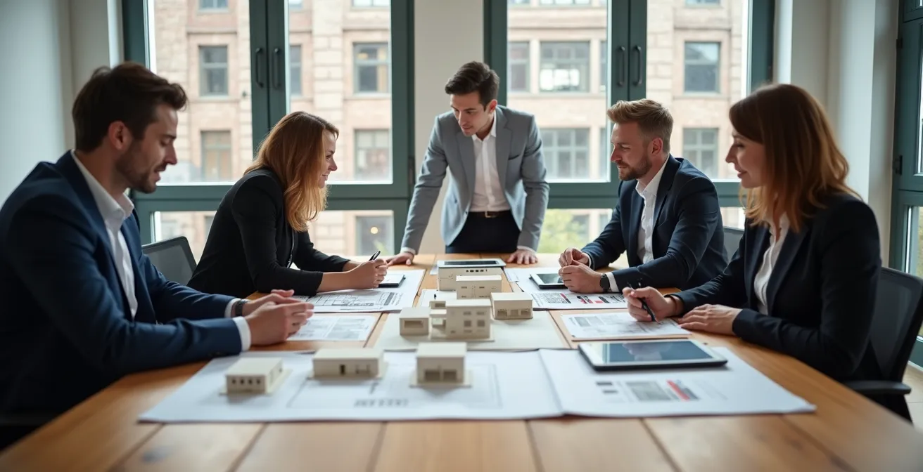 Équipe de courtiers immobiliers travaillant sur une stratégie marketing sophistiquée pour une propriété de luxe