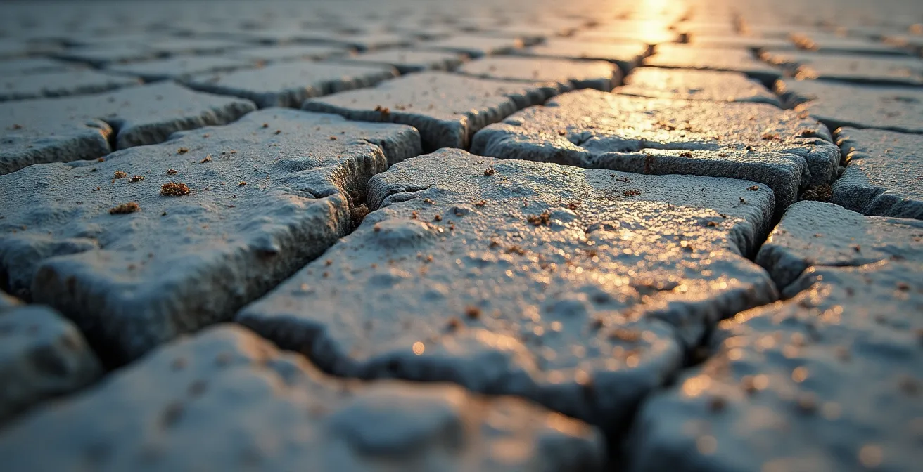 Gros plan macro sur la texture d'une fondation de béton ancien avec fissures naturelles