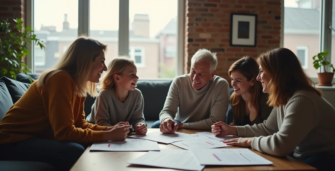 Réunion familiale multigénérationnelle dans un salon moderne montréalais