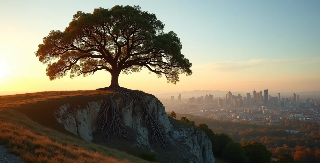 Métaphore visuelle de la protection du patrimoine avec un arbre centenaire et ses racines profondes