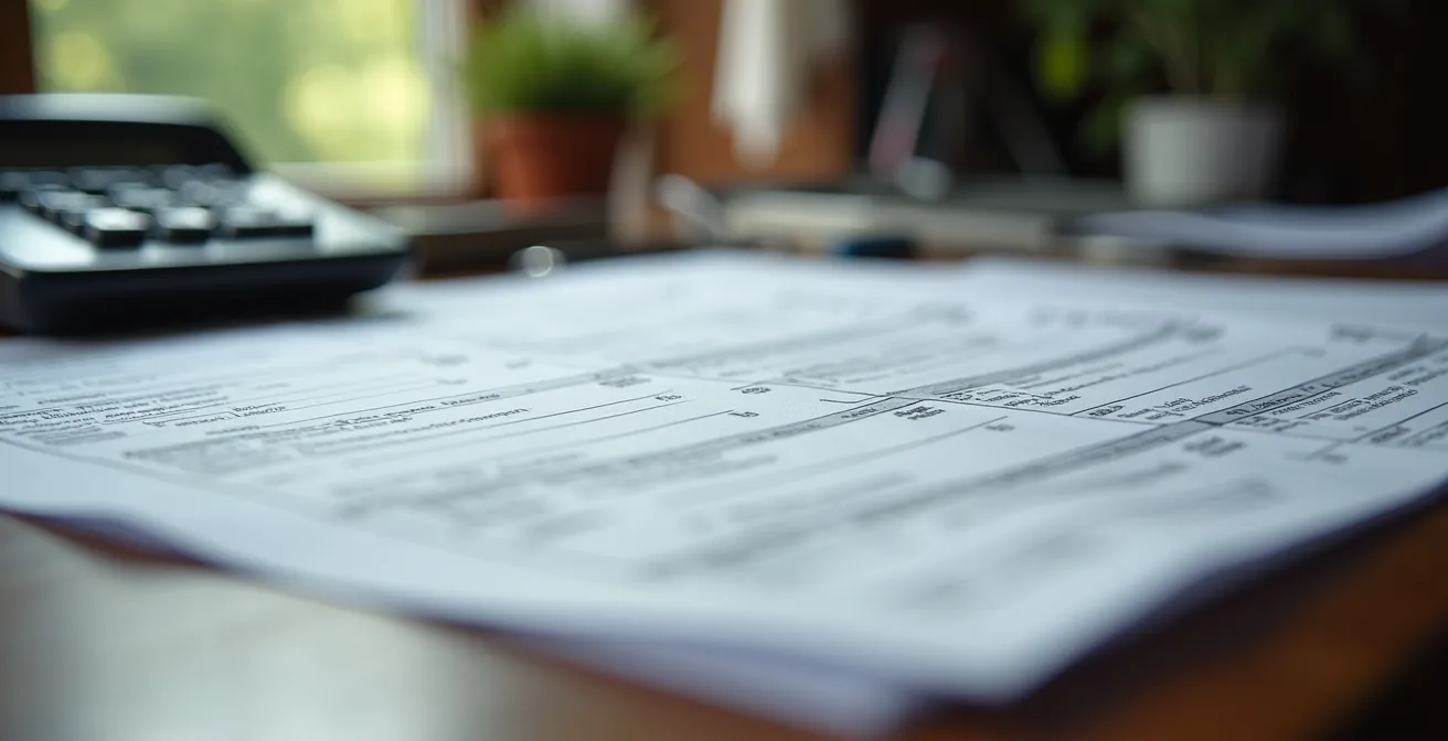 Gros plan sur des documents fiscaux canadiens posés sur un bureau en bois avec calculatrice en arrière-plan