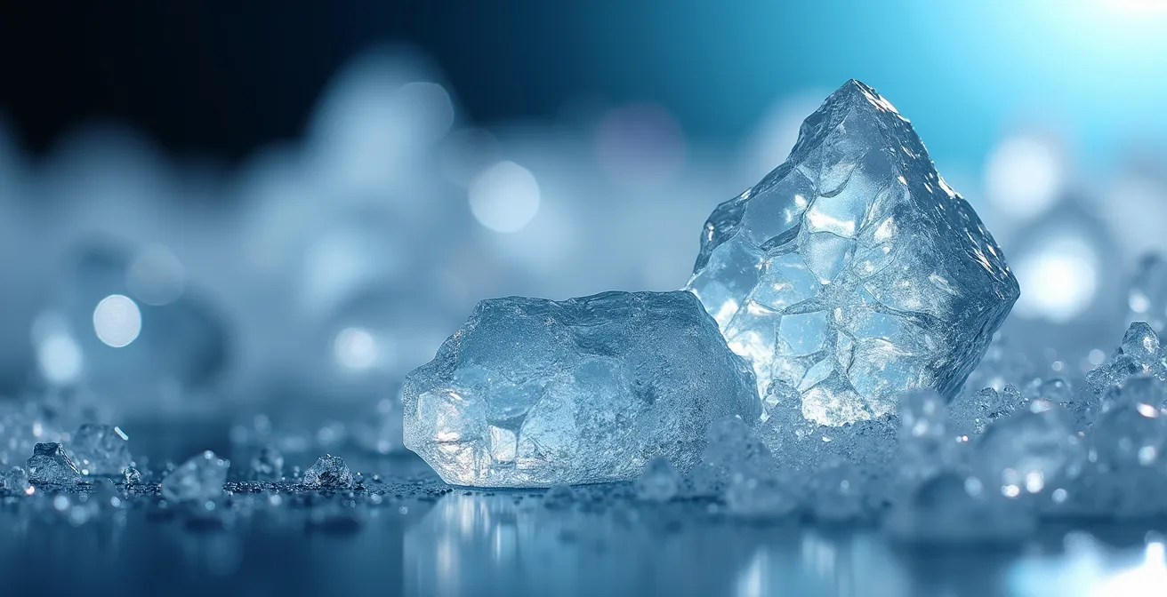 Gros plan macro sur une structure cristalline gelée symbolisant le gel de la valeur d'entreprise