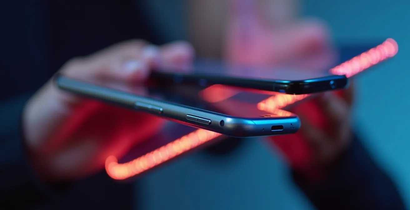 Mains tenant plusieurs smartphones montrant des notifications floues en arrière-plan