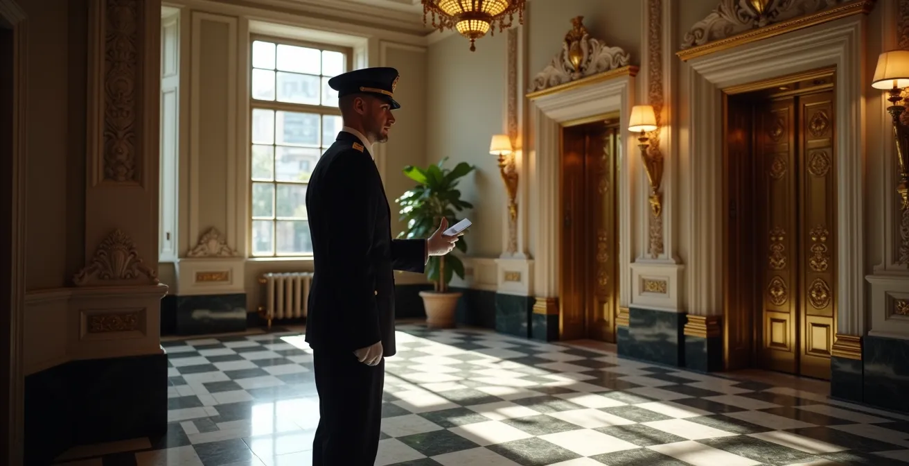 Hall d'entrée luxueux d'un immeuble patrimonial montréalais avec portier et finitions haut de gamme