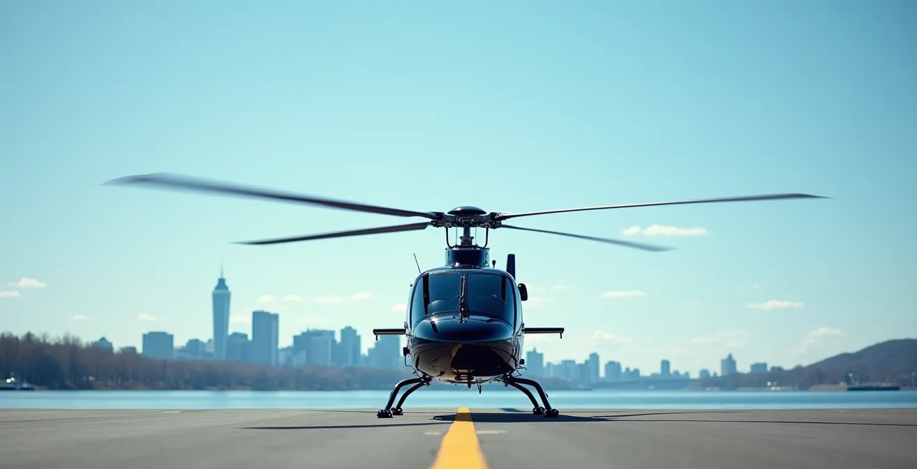 Hélicoptère de luxe survolant le fleuve Saint-Laurent avec Montréal en arrière-plan