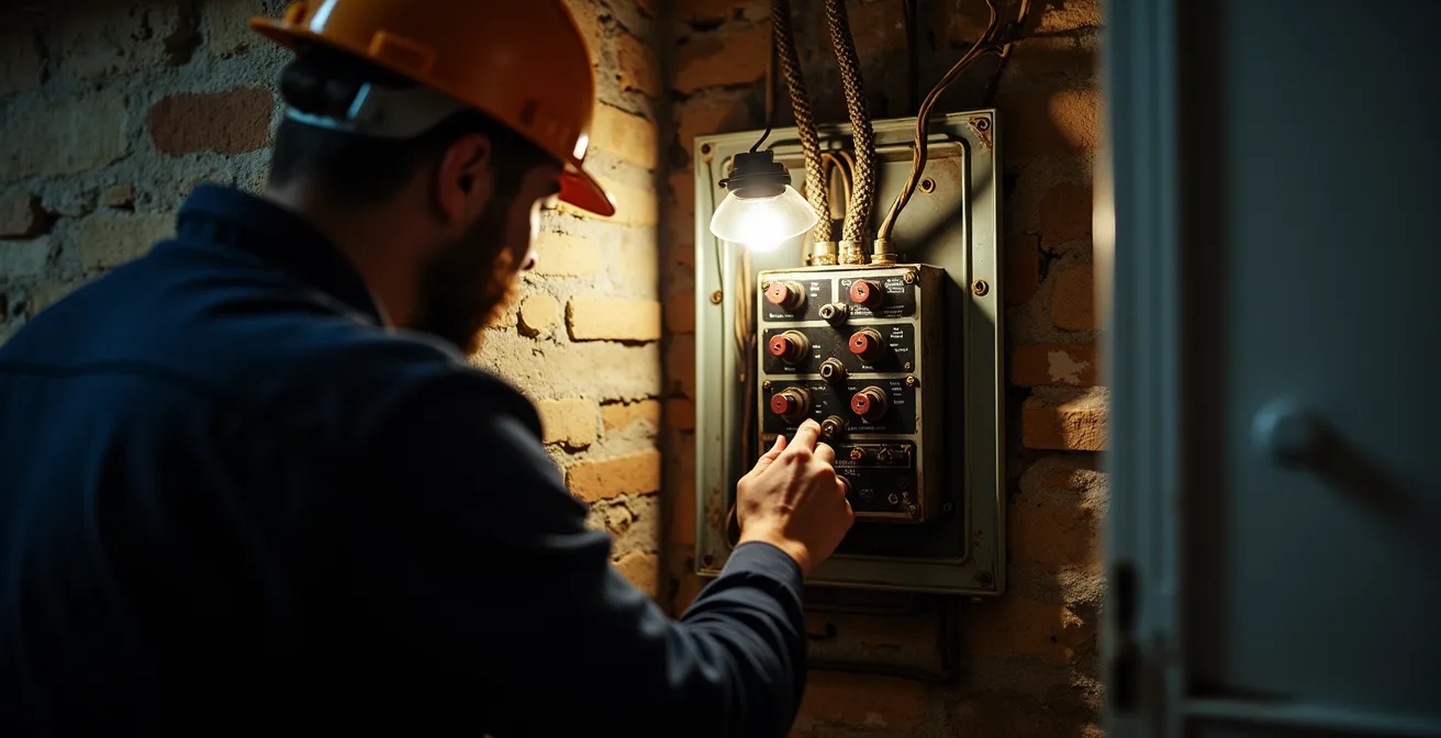 Vue arrière d'un électricien inspectant un panneau électrique vintage dans un sous-sol de maison patrimoniale