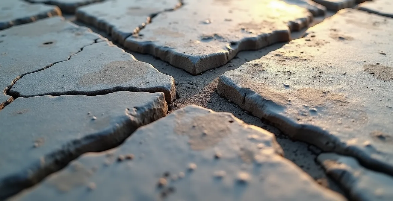 Gros plan macro sur une fissure en escalier dans un mur de fondation en moellons avec mortier à la chaux effrité