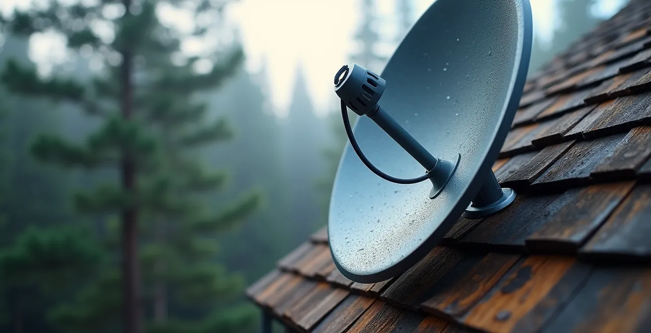 Gros plan sur une antenne satellite Starlink installée sur le toit d'un chalet avec forêt boréale en arrière-plan
