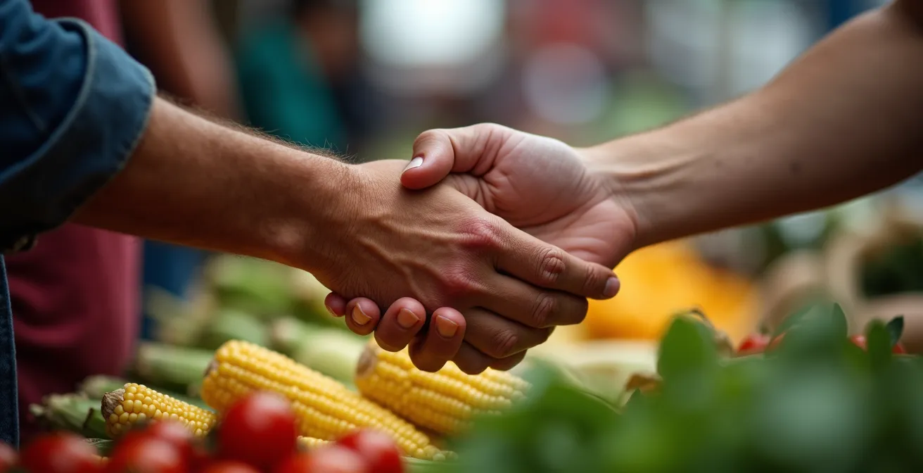 Scène d'intégration culturelle au marché montréalais avec échange entre locaux et nouveaux arrivants