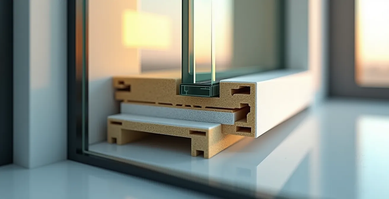 Coupe architecturale d'un mur de condo montrant les couches d'isolation acoustique et le système de double vitrage