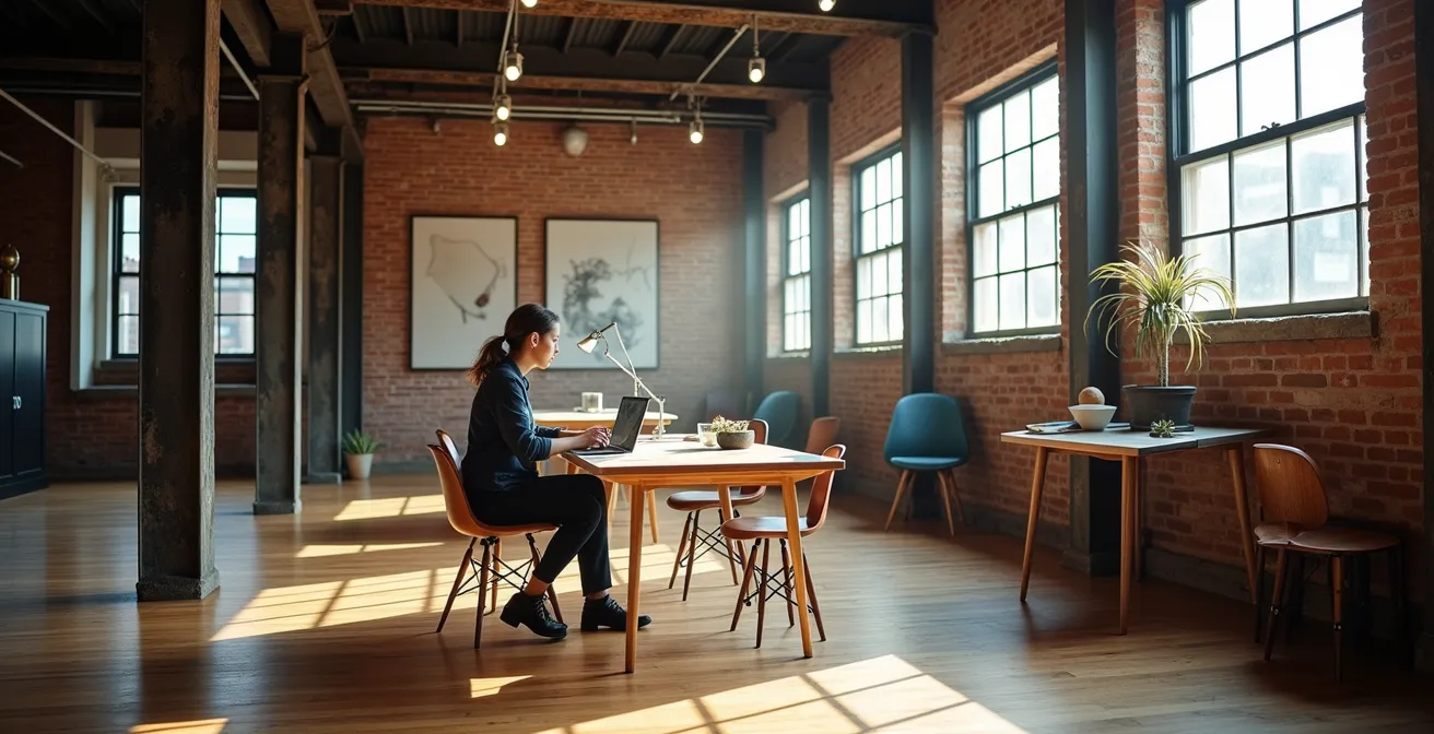 Intérieur d'un loft industriel montréalais avec poutres apparentes, briques exposées et grandes fenêtres donnant sur la ville