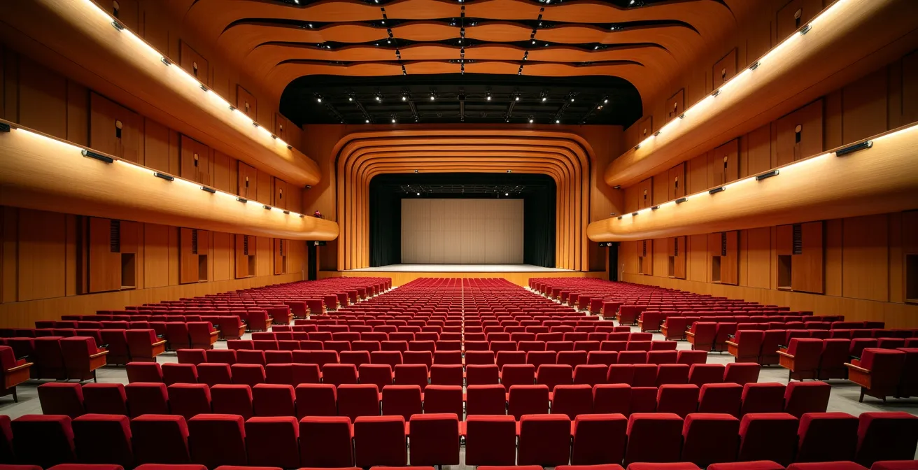 Vue intérieure majestueuse de la Maison Symphonique de Montréal avec son architecture en bois et ses rangées de sièges rouges
