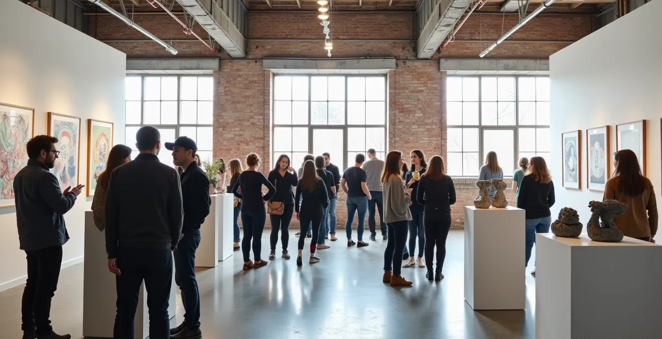 Vue atmosphérique d'un atelier d'artiste sur la rue Parthenais avec œuvres exposées et visiteurs