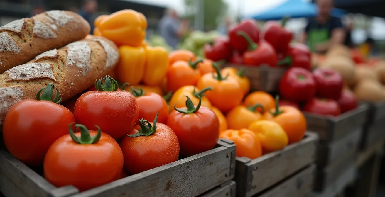 Vue macro de produits frais colorés sur un étal de marché