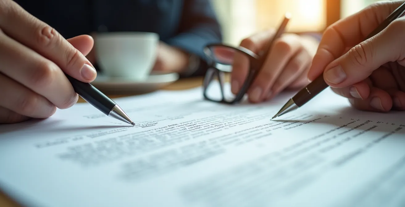 Mains de professionnels pointant des clauses spécifiques sur un contrat immobilier avec un stylo, ambiance bureau de notaire