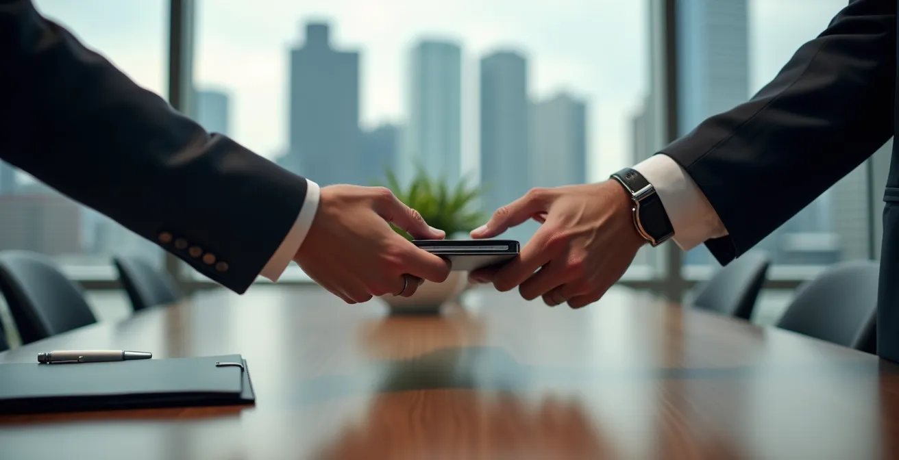 Mains professionnelles échangeant des documents confidentiels lors d'une transaction immobilière de prestige