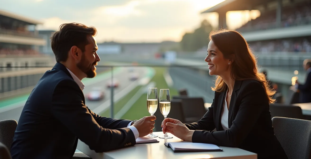 Espace VIP élégant avec vue sur le circuit pendant le Grand Prix
