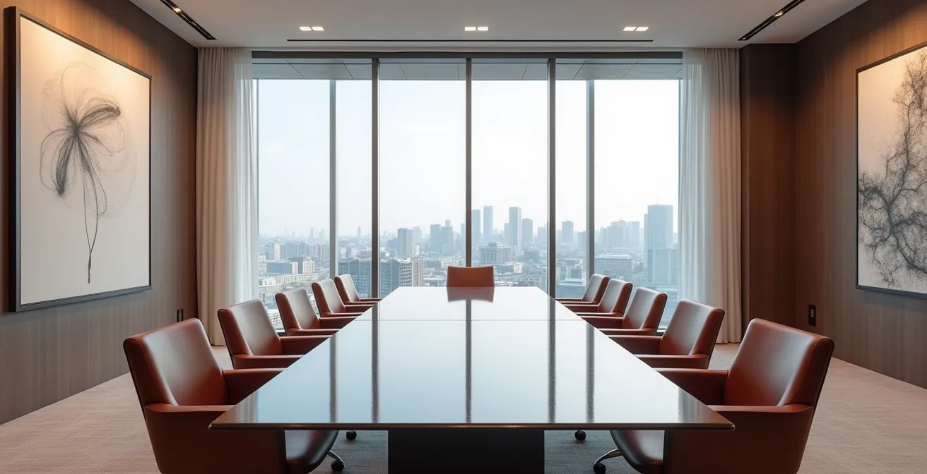 Salle de conseil d'administration moderne avec vue panoramique sur Montréal